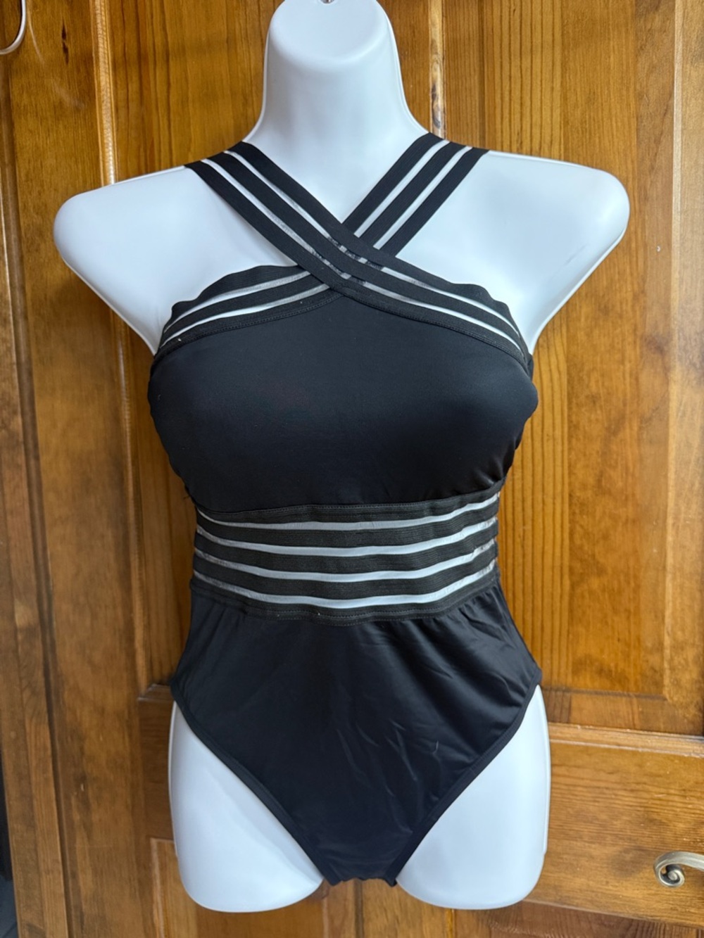 Black Striped-Detail One-Piece Swimsuit with Cross-Back Straps